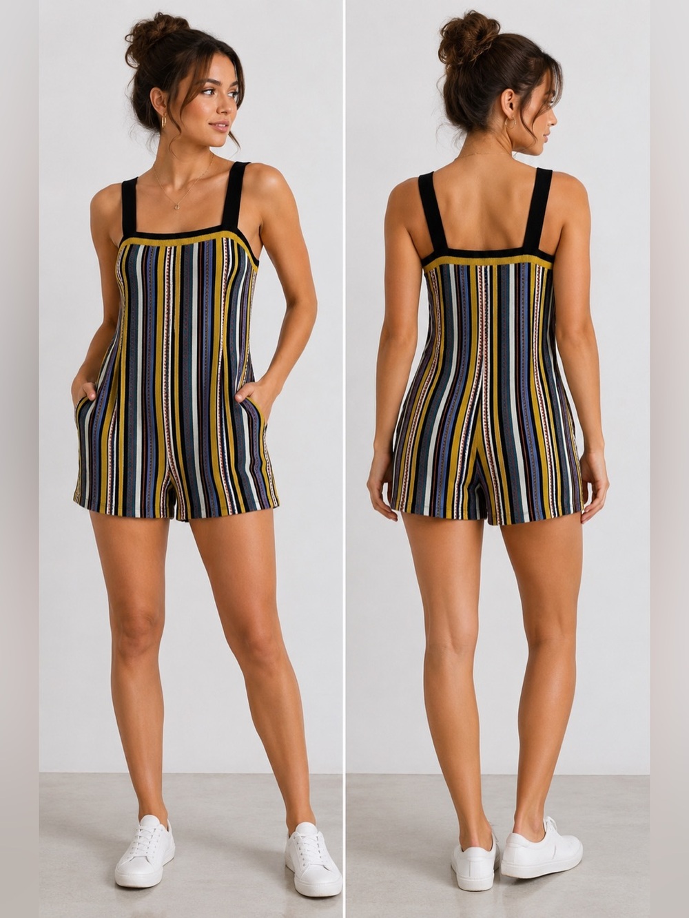 ZARA Women Multicolor Striped Knit Tank Romper One-Piece Shorts Jumpsuit Small